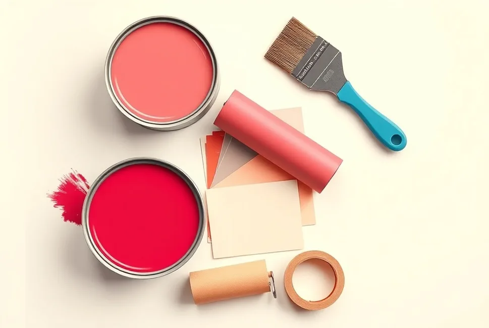 Pots de peinture, nuancier, brosses et rouleaux disposés à plat