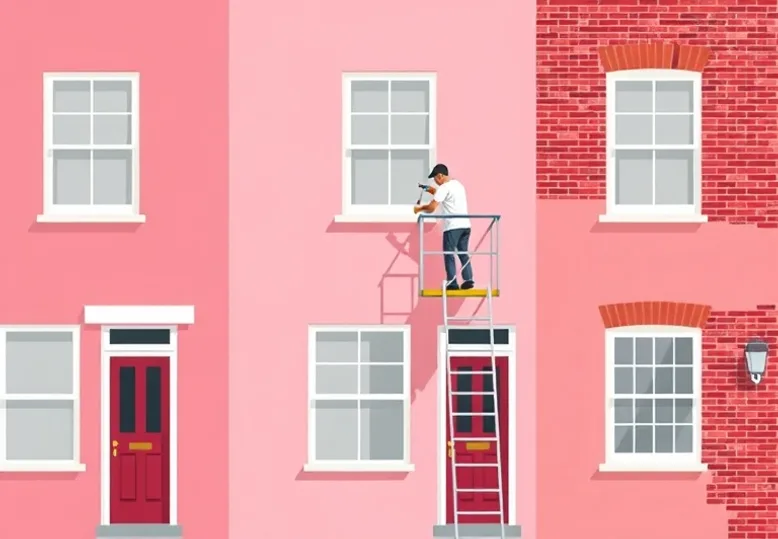 Peintre sur échafaudage traitant la façade d'une maison